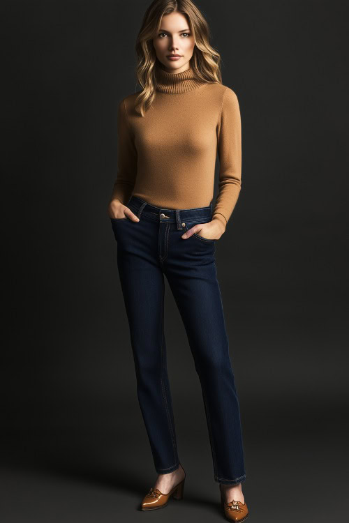 A woman in a fitted camel-colored cashmere sweater tucked into high-waisted straight-leg dark-wash jeans