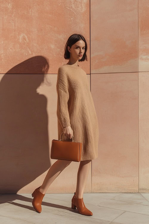 A woman in a fitted camel-colored sweater dress, styled with brown leather loafers and a structured handbag (2)