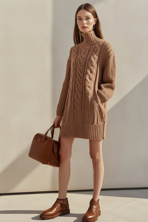 A woman in a fitted camel-colored sweater dress, styled with brown leather loafers and a structured handbag