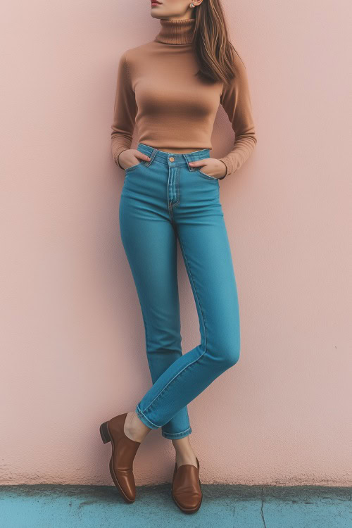 A woman in a fitted camel-colored turtleneck tucked into high-waisted blue jeans, accessorized with brown loafers