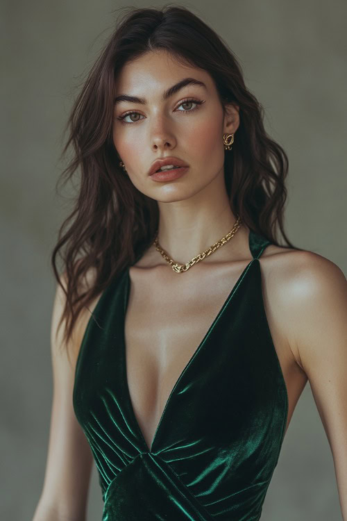 A woman in a fitted dark green velvet midi dress with a plunging neckline, styled with gold jewelry