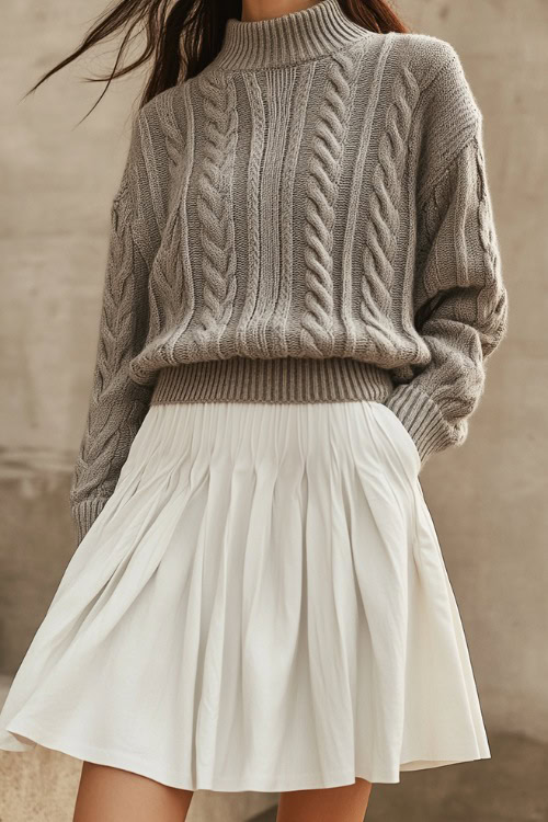 A woman in a fitted light gray cable-knit sweater over a white midi skirt, styled with beige espadrilles