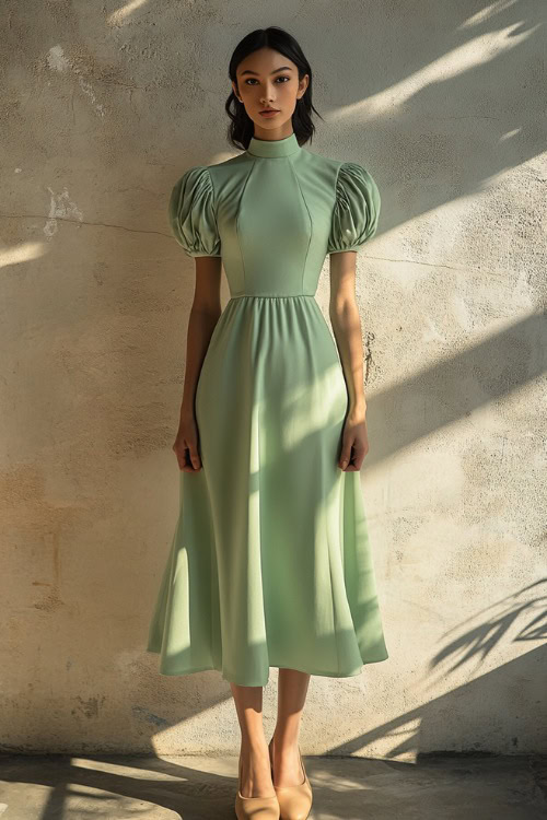 A woman in a fitted mint green midi dress with a high neckline and puffed sleeves, styled with beige loafers