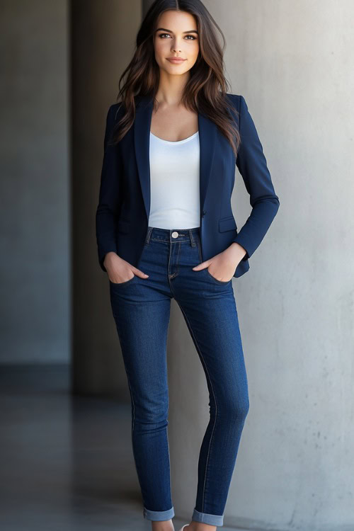 A woman in a fitted navy blue blazer over a simple white tank top, styled with straight-leg jeans and beige flats