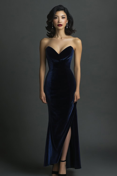 A woman in a fitted navy blue velvet dress with a sweetheart neckline, styled with pearl drop earrings and black heels