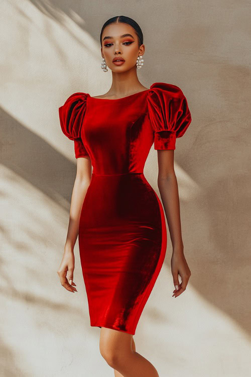 A woman in a fitted red velvet midi dress with puffed sleeves, accessorized with pearl earrings and heels