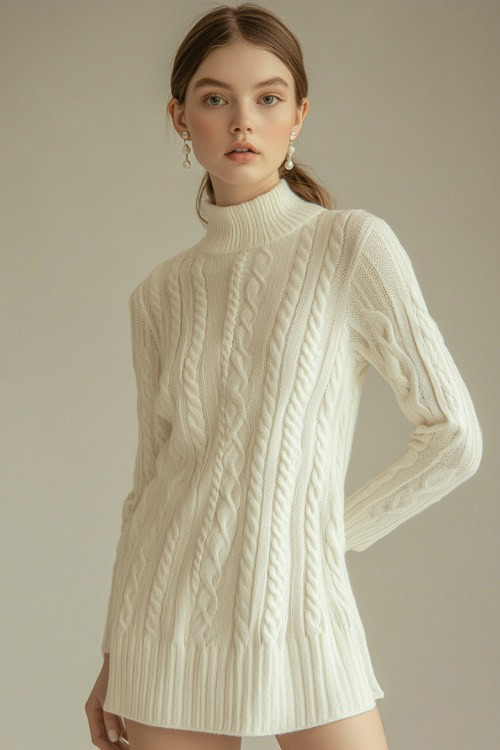 A woman in a fitted white cable-knit sweater dress, accessorized with pearl stud earrings and ballet flats