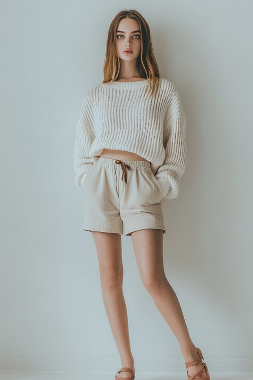 A woman in a fitted white knit sweater tucked into high-waisted beige shorts, styled with leather sandals