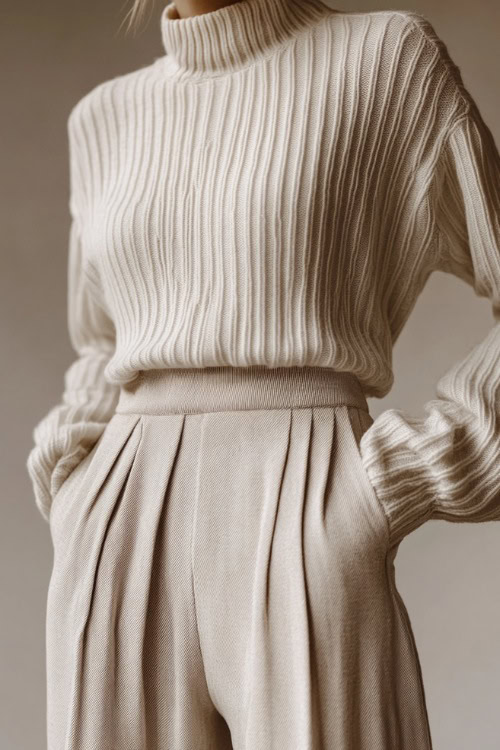 A woman in a fitted white ribbed sweater tucked into beige linen wide-leg trousers, accessorized with pearl jewelry