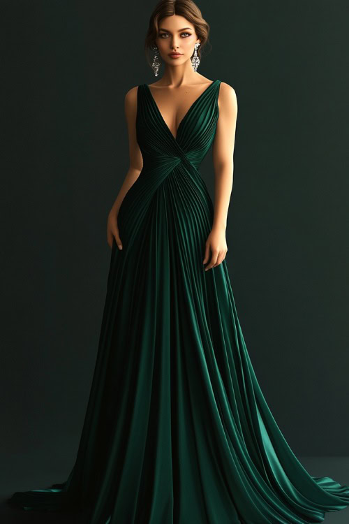 A woman in a floor-length emerald green evening gown with a fitted bodice, accessorized with diamond drop earrings (2)