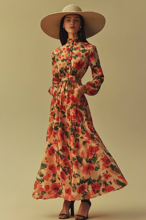 A woman in a floral printed midi dress with long sleeves, accessorized with a wide-brim hat and block-heeled sandals