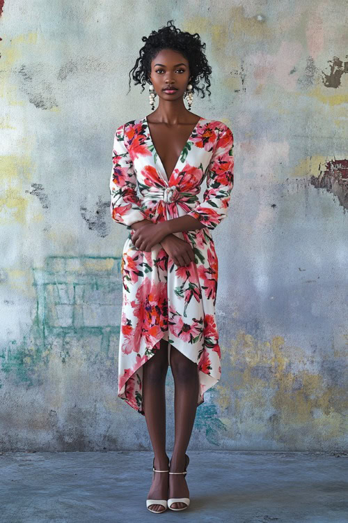 A woman in a floral wrap midi dress with a cinched waist, accessorized with pearl earrings and strappy sandals