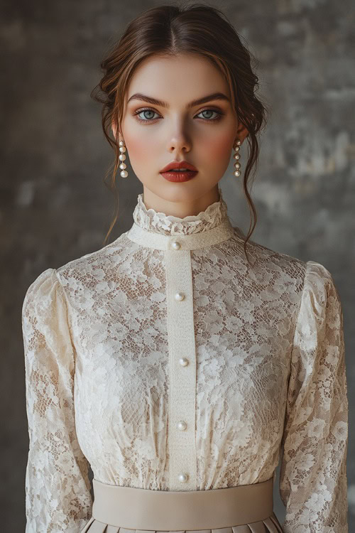 A woman in a high-neck ivory lace blouse tucked into a tailored beige skirt, accessorized with pearl drop earrings