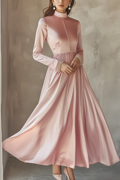 A woman in a high-neck pink silk dress with long sleeves, accessorized with pearl jewelry and pumps