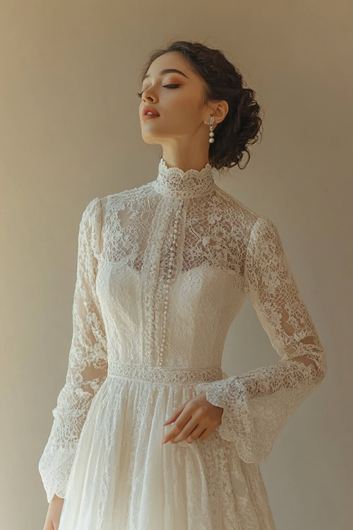 A woman in a high-neck white lace gown with long sleeves and a cinched waist, accessorized with a pearl necklace and pumps