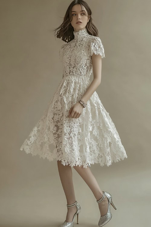 A woman in a high-neck white lace midi dress with short sleeves, accessorized with silver heels and a delicate bracelet (2)