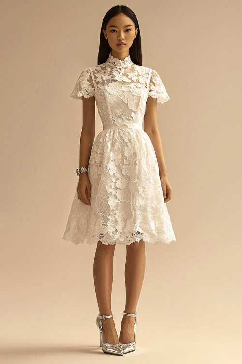 A woman in a high-neck white lace midi dress with short sleeves, accessorized with silver heels and a delicate bracelet