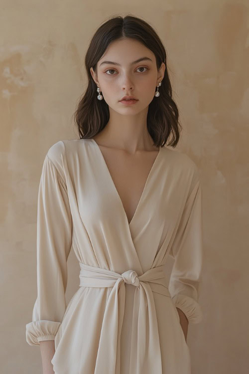 A woman in a light beige belted wrap dress with long sleeves, styled with pearl earrings and pointed flats