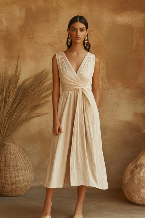 A woman in a light beige midi dress with a wrap neckline, styled with gold drop earrings and sandals