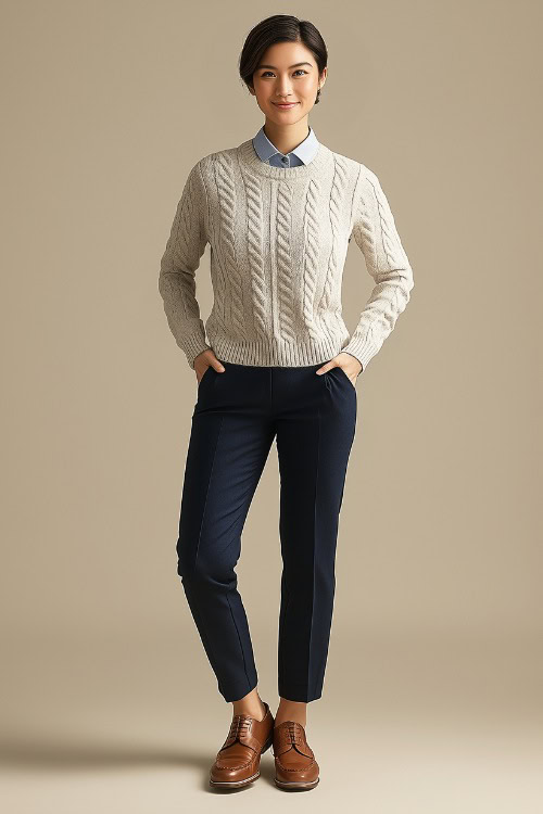 A woman in a light gray cable-knit sweater styled with tailored navy blue trousers and brown leather loafers