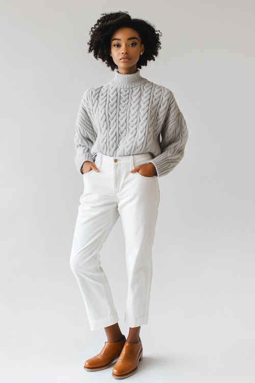 A woman in a light gray cable-knit sweater tucked into high-waisted white denim, styled with brown leather loafers