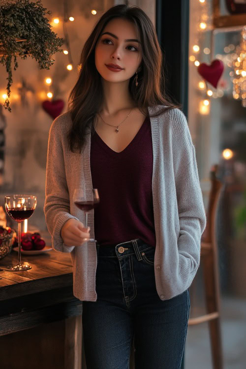 A woman in a light gray cardigan layered over a burgundy top, dark jeans, and flats, standing near a cozy candlelit Valentine’s dining corner