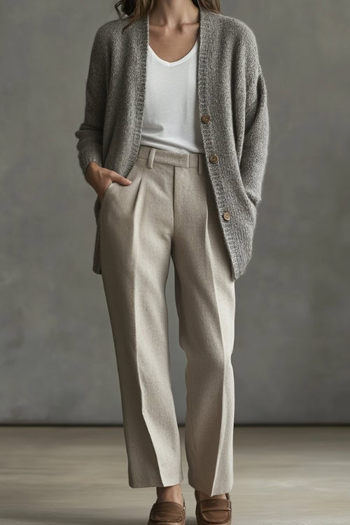 A woman in a light gray cashmere cardigan worn over a white t-shirt, paired with beige trousers and brown suede loafers (2)