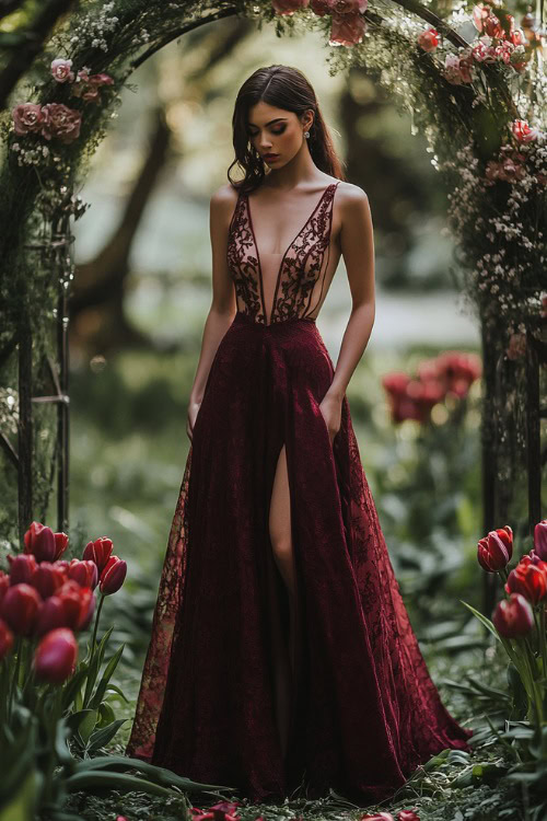 A woman in a maroon A-line gown with an illusion neckline, lace detailing, and a slit hem, standing near a softly lit wedding arch surrounded by fresh tulips