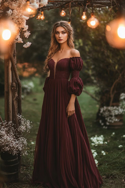 A woman in a maroon A-line maxi dress with puff sleeves, a pleated skirt, and lace accents, posing near a softly glowing spring-themed wedding setup