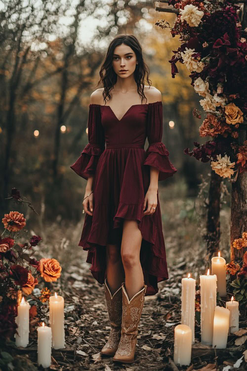 A woman in a maroon high-low dress with a square neckline and flutter sleeves, styled with tan embroidered cowboy boots, standing near a floral wedding arch with candles