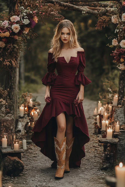 A woman in a maroon high-low dress with a square neckline and flutter sleeves, styled with tan embroidered cowboy boots