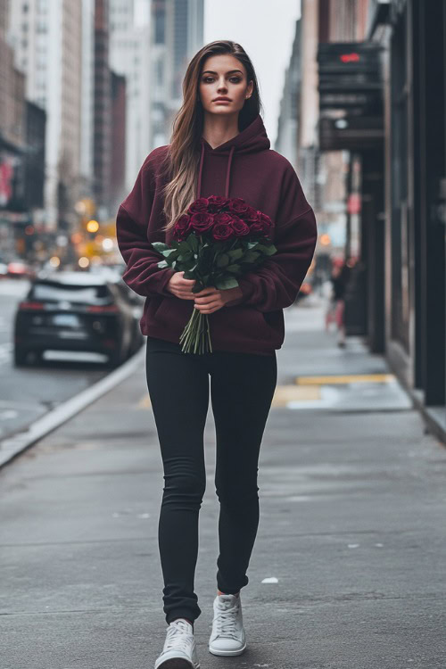 A woman in a maroon hoodie, black joggers, and white sneakers, carrying a bouquet of roses while walking on a city sidewalk