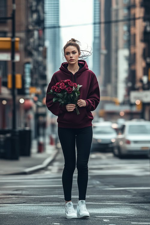 A woman in a maroon hoodie, black joggers, and white sneakers