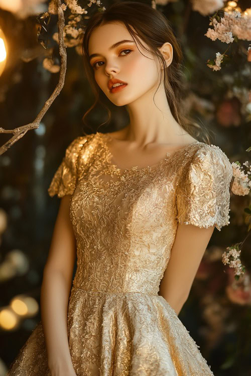 A woman in a metallic gold tea-length dress with a bateau neckline, short lace sleeves, and a flared hemline, standing near a softly glowing spring garden wedding setup