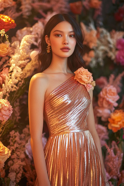 A woman in a metallic rose gold knee-length cocktail dress with a one-shoulder neckline, pleated skirt, and subtle sequin detailing, standing near a brightly lit floral wedding stage