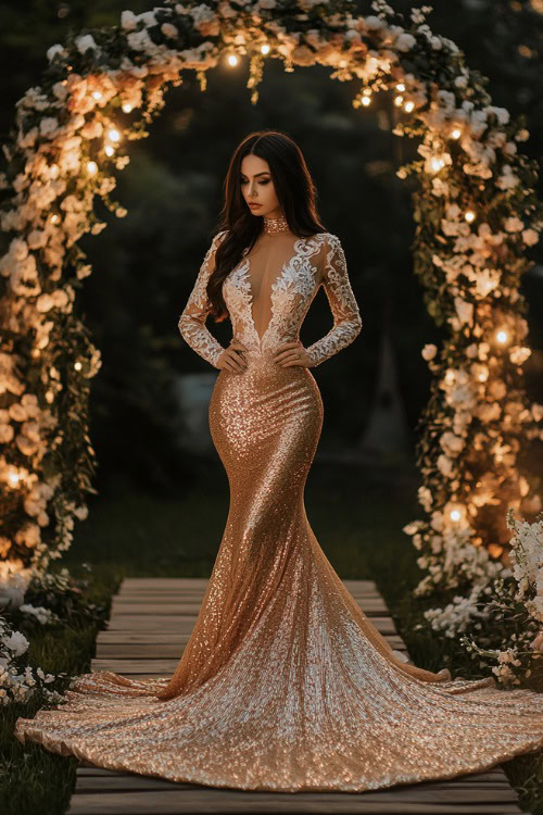 A woman in a metallic rose gold mermaid gown with a high neckline, sheer lace sleeves, and a dramatic train