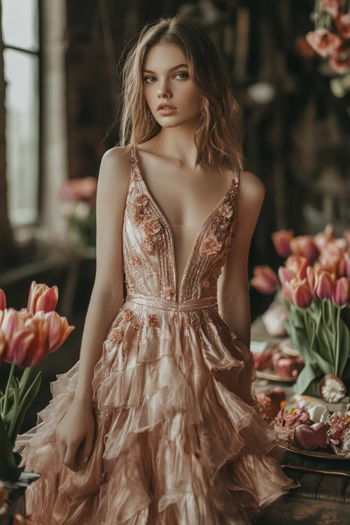 A woman in a metallic rose gold sleeveless short dress with a cinched waist, floral embroidery, and a tiered hemline