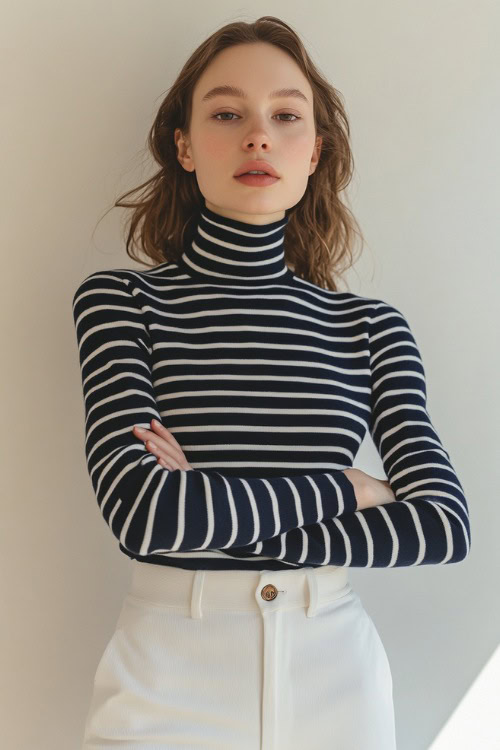 A woman in a navy blue and white striped turtleneck sweater paired with high-waisted white trousers and loafers