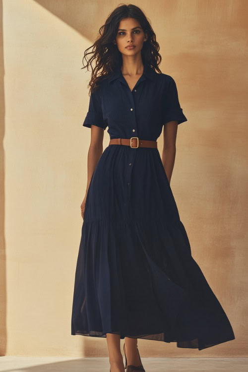 A woman in a navy blue belted shirt dress with a flowy skirt, styled with brown leather sandals