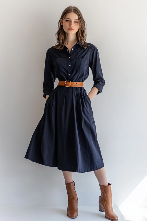 A woman in a navy blue button-up dress, cinched with a brown leather belt, paired with heeled ankle boots (2)