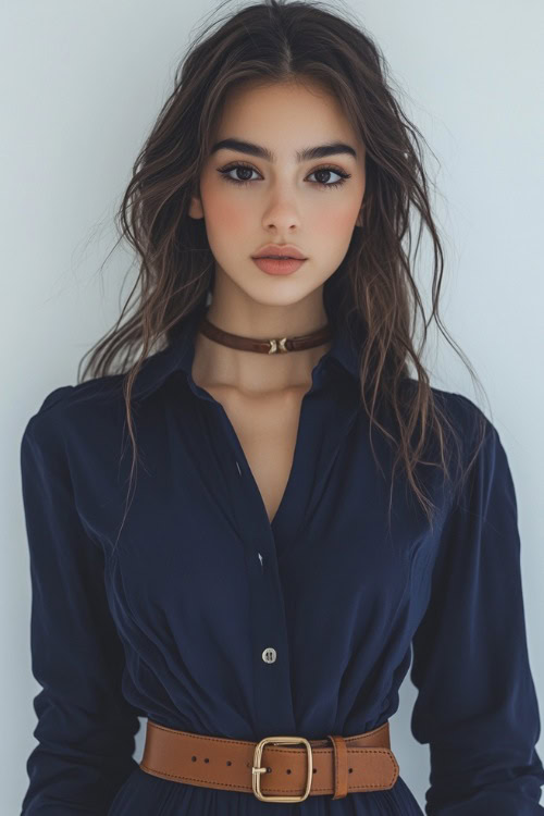 A woman in a navy blue button-up dress, cinched with a brown leather belt, paired with heeled ankle boots