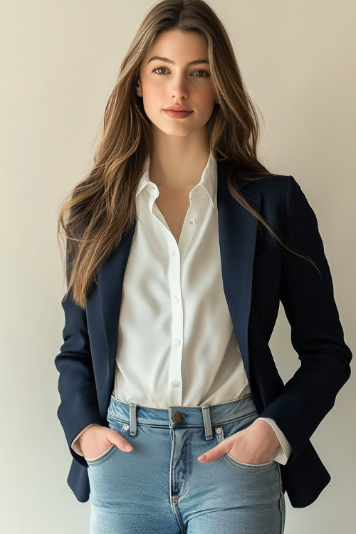 A woman in a navy blue fitted blazer over a white button-up blouse, paired with light-wash cropped jeans and brown leather loafers