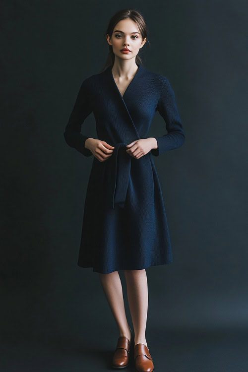 A woman in a navy blue knit midi dress with a belted waist, styled with brown leather loafers