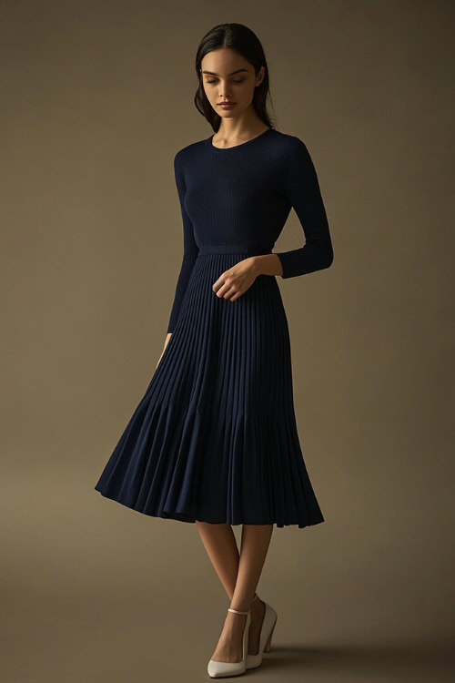 A woman in a navy blue knit midi dress with a fitted waist, styled with ballet flats