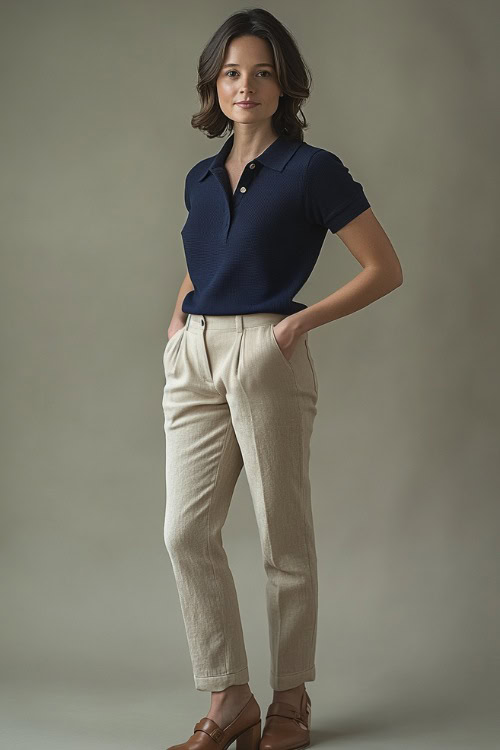 A woman in a navy blue knitted polo top paired with tailored beige linen trousers, styled with brown loafers