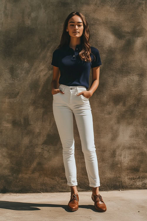 A woman in a navy blue knitted polo tucked into white cropped jeans, styled with brown leather loafers