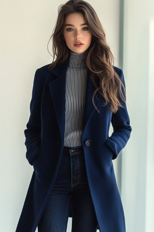 A woman in a navy blue longline coat layered over a striped turtleneck and dark-wash jeans