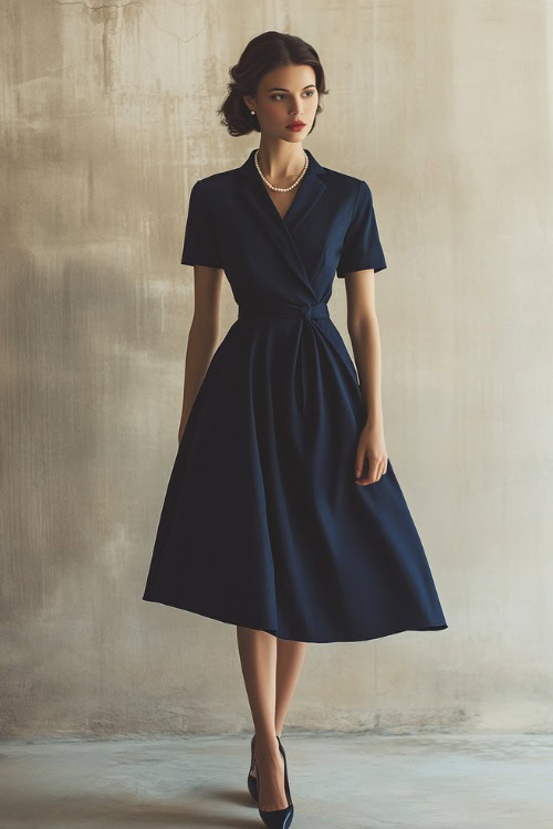 A woman in a navy blue midi dress with a belted waist, paired with pointed-toe heels and a pearl necklace