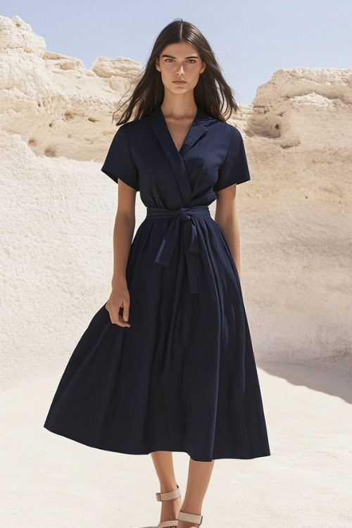 A woman in a navy blue midi dress with a belted waist, styled with beige espadrilles