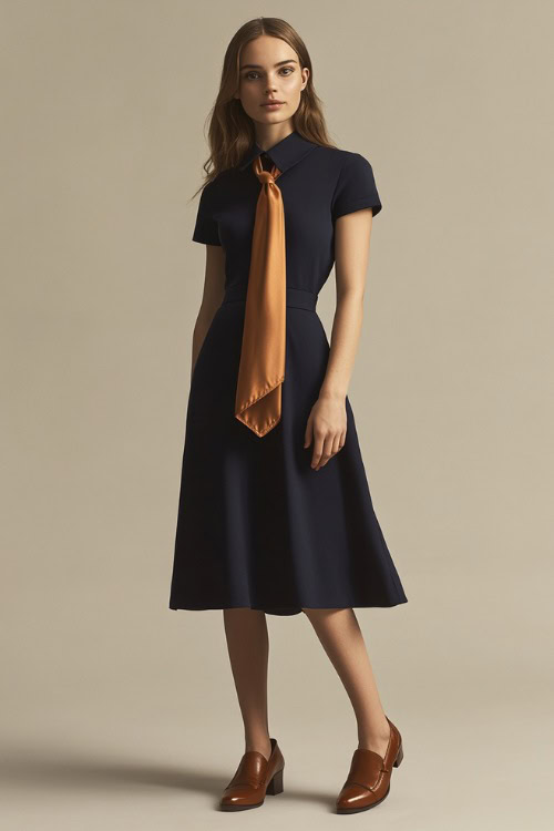 A woman in a navy blue polo midi dress, accessorized with brown leather loafers and a silk scarf